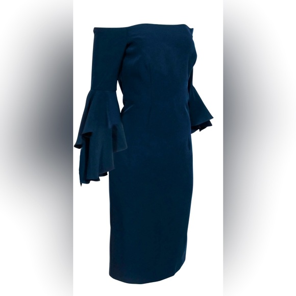 Milly Selena Navy Double Ruffle Off The Shoulder Three Quarter Cascade Sleeve - Picture 3 of 7